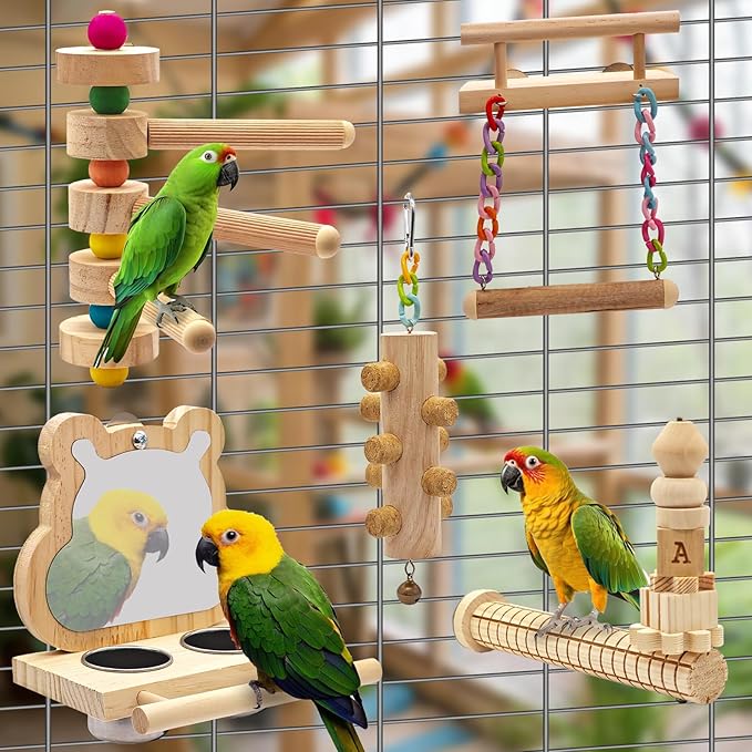 5PCS Bird Perch and Toy Set. Includes a Perch, Feeder, Swing, and Chew Toy. Hangable Natural Solid Wood Birdcage Accessories, Suitable for Small Budgies, Cockatiels, Conures, Lovebirds, Etc.