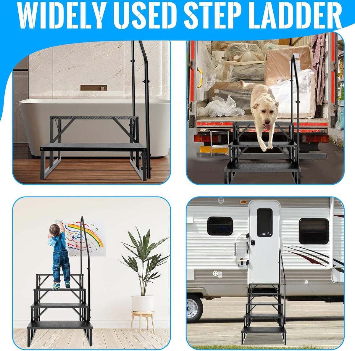 RV Step Stool, 3 Step Ladder, Hot Tub Steps with Handrail, Portable Pool Ladder, 660Lbs Heavy Duty Ladder Shelf Outdoor Mobile Home Stairs for Camper/Porch/SPA Pool/Pet Stairs(1 Pack)