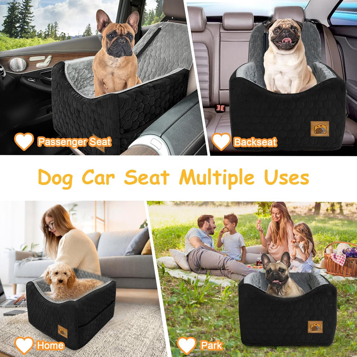 Dog Car Seat for Small/Medium Dogs, Memory Foam Dog Booster Seat, Travel Safety Per Car Seat with Washable Removable Cover, Storage Pockets, up to 35 lbs(BlackGray)