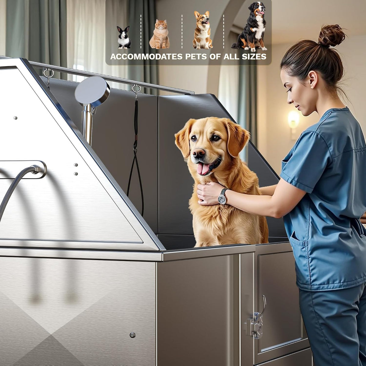 DWVO Professional Pet Dog Bathing Station for Grooming, 50'' Dog Grooming Bathtub with Right Staris, Floor Grate, Faucet, Showerhead & Soap Holder for Large, Medium & Small Pets