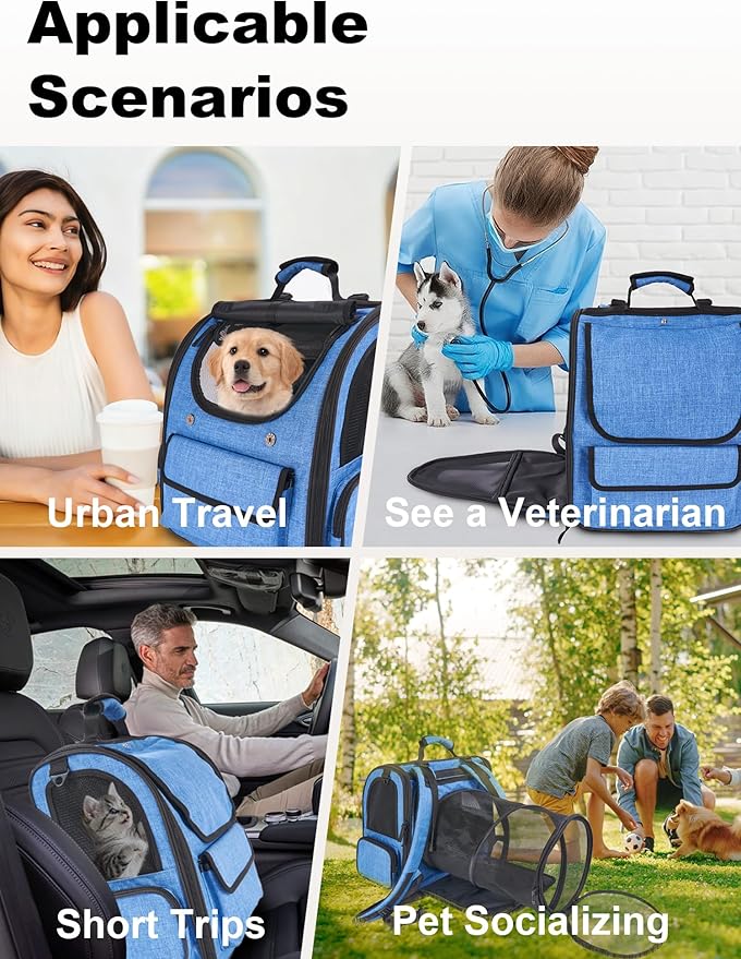 Large Cat Carrier with Tunnel Extension, Portable Small Dog Backpack with Ventilated Mesh Windows, Anti-Scratch Fabric, Luggage Strap and Chest Buckle for Travel, Hiking, Camping,Gray Blue