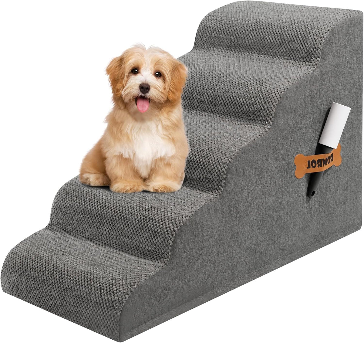 Romrol Dog Stairs Ramp for High Beds Couches, High Density Foam Pet Steps with Durable Non-Slip Waterproof Fabric Cover, Dog Stairs for Small Dogs or Cats or Pets, 3-Step,15 Inch, Grey