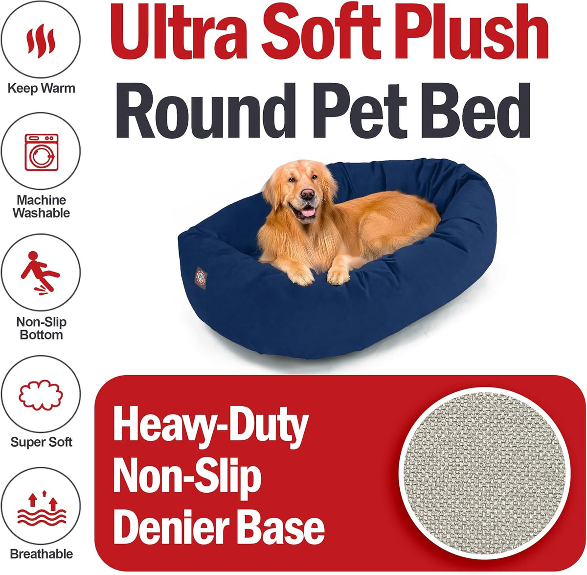 Majestic Pet 40 Inch Suede Shredded Memory Foam Mix Calming Large Dog Bed Washable 40 x 29 x 9 (Inch) - Cozy Soft Round Donut Dog Bed with Spine for Head Support - Pet Bed Navy