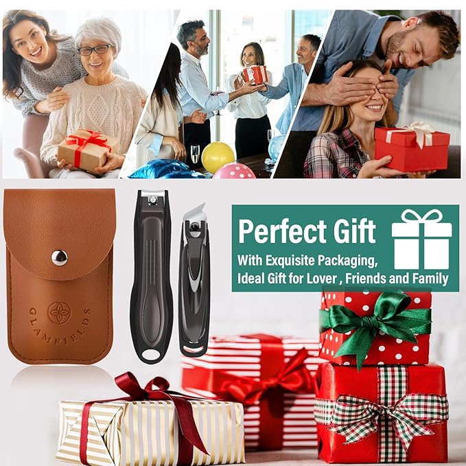 GLAMFIELDS Nail Clipper with Catcher, Large Fingernail Toenail Clipper,Slanted Edge Nail Clippers Leather Case Packed Good Gift for Men and Women 2PACK Large/Small