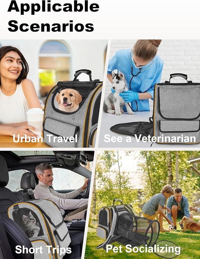 Expandable Cat Carriers for Cats and Small Dogs,Travel Bag with Breathable Mesh Windows, Anti-Escape Leash, Soft Cushion and Lightweight Design,Gray Orange
