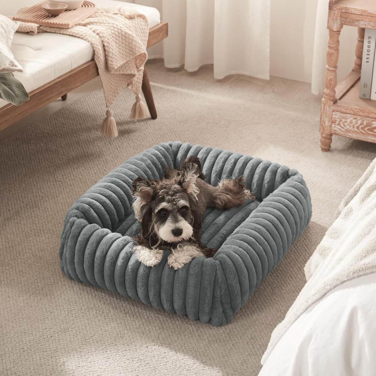 Dog Beds for Small Dogs, Washable Orthopedic Dog Bed with Removable Cover, Rectangle Soft Calming Sleeping Puppy Bed Durable Pet Cuddler with Anti-Slip Bottom, 20"x19"x6" Grey