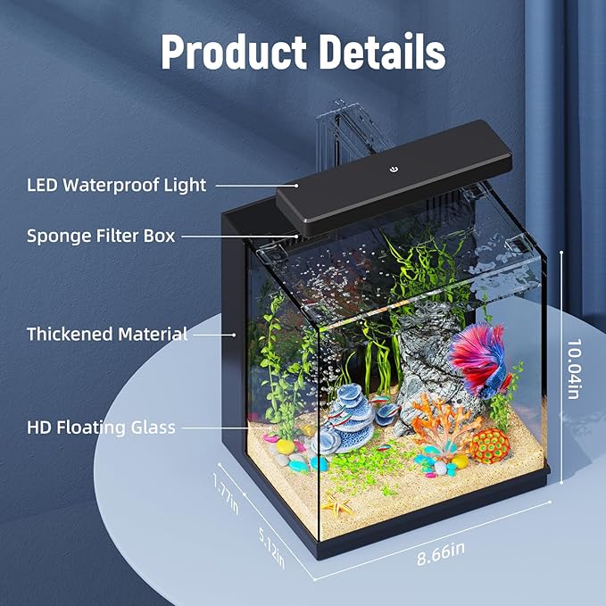Betta Fish Tank, 2 Gallon All-in-One Aquarium Kit with Filtration & LED Light, Self-Cleaning Aquarium for Beginners, Kids, Desktop Bowl for Home, Office, or Kids Room