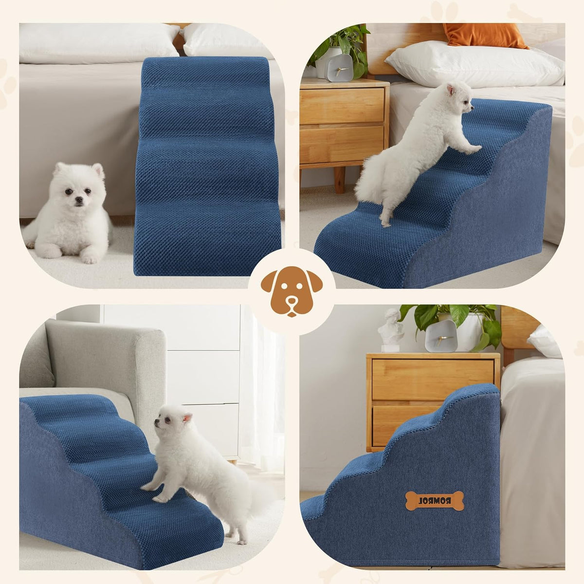 Dog Stairs, Romrol Dog Steps Ramp for High Bed and Couch, Dogs Ramp with Durable Non-Slip Waterproof Fabric Cover, Pet Stairs for Small Dogs and Cats or Pets Joints, 4-TiersDusty Blue
