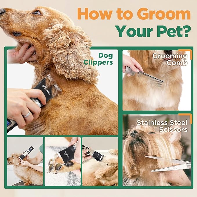 Gimars Professional 7000rpm Low Noise 55db Cordless Rechargeable Dog Clippers, 3.0 Motor Powerful Dog Long Hair Trimmer Grooming Shaver Kit, Electric Pet Hair Clippers for Cat, Horse