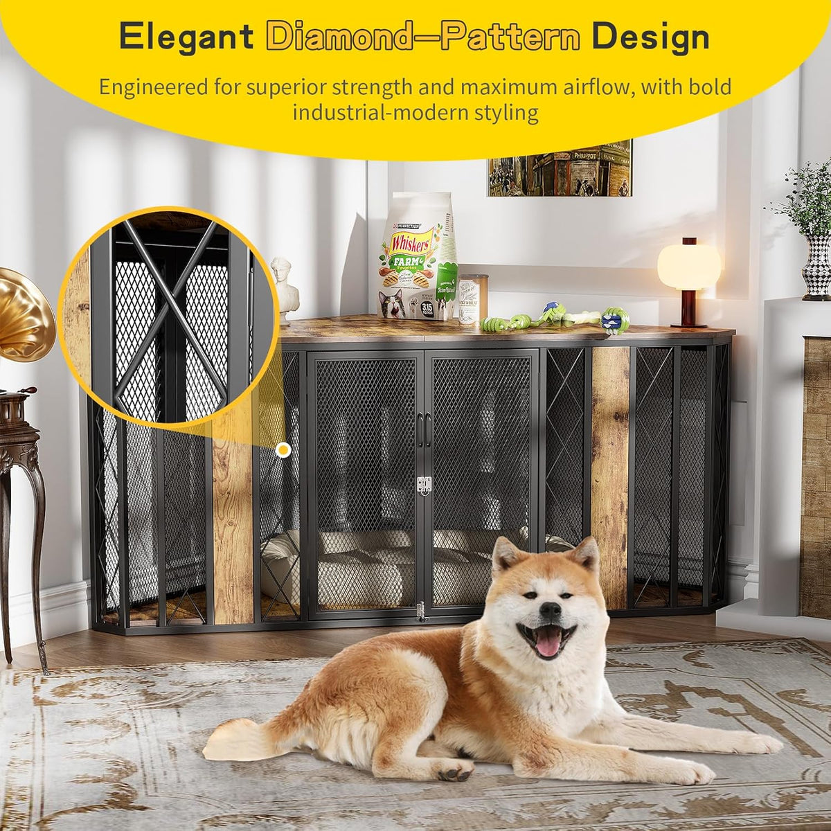 XL Corner Dog Crate Furniture, Decorative Dog Crates Dog Cage TV Stand with Diamond Metal Decoration, Wooden Dog Crate with Double Lock Design, Dog Crates Table, Retro Brown