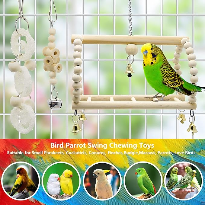 Deloky 7 Packs Bird Parrot Swing Chewing Toys-Hanging Bell Bird Cage Toys Suitable for Small Parakeets, Cockatiels, Conures, Finches,Budgie,Macaws, Parrots, Love Birds