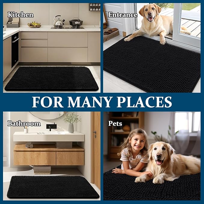 OLANLY Dog Door Mat Set 2-Piece 30x20, Absorbs Moisture and Dirt, Absorbent Non-Slip Washable Doormat, Quick Dry Chenille Mud Mat for Dogs, Entry Indoor Entryway Carpet for Inside Floor, Black