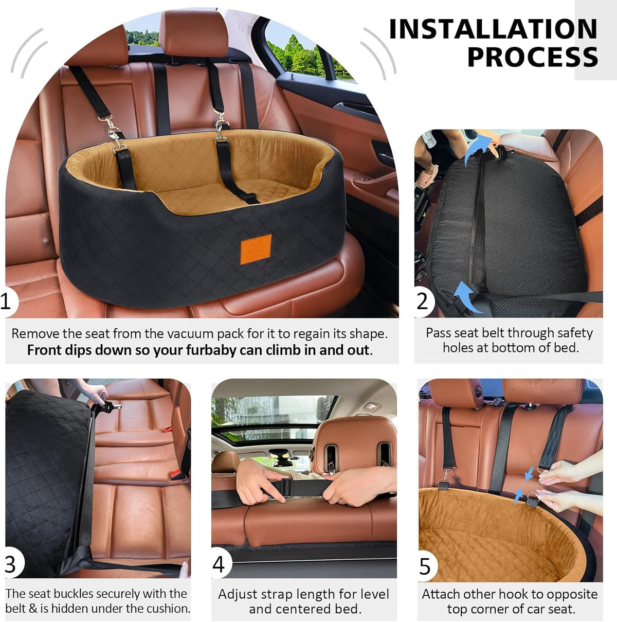 Dog Car Seat for Medium & Large Dogs up to 55 lbs, Elevated Booster Seat with Anti-Slip Base, Detachable & Machine-Washable Pet Car Bed for SUV/Sedan (Black/Brown)