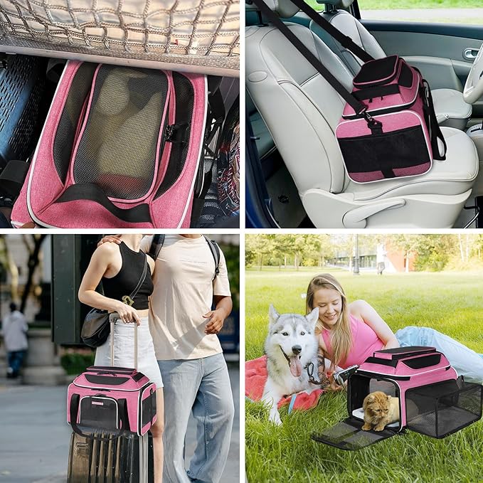Petskd Top and Side Expandable Pet Carrier 17x11x9.5 Inches Alaska Airline Approved, Soft-Sided Carrier for Small Cats and Dogs with Locking Safety Zippers and Anti-Scratch Mesh(Pink)