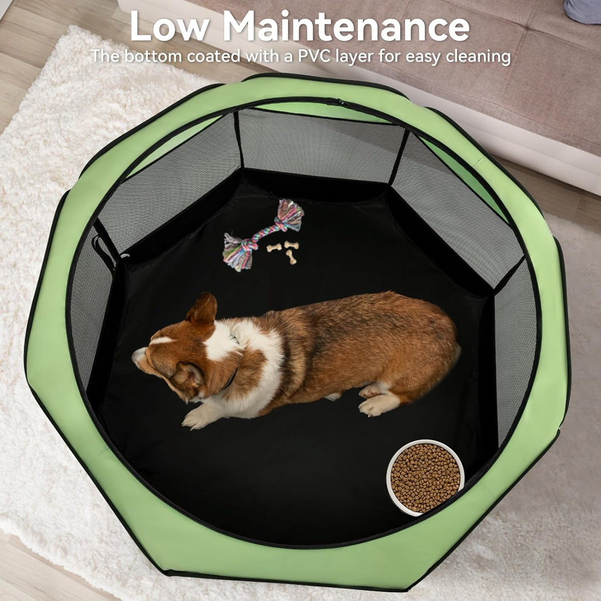 A4Pet Portable Pet Playpen, 49” Pop Up Dog Playpen with Bowl, Suitable for Puppies, Kittens, and Small Animals, Removable Zipper & Mesh Panel(19”W × 12”H)