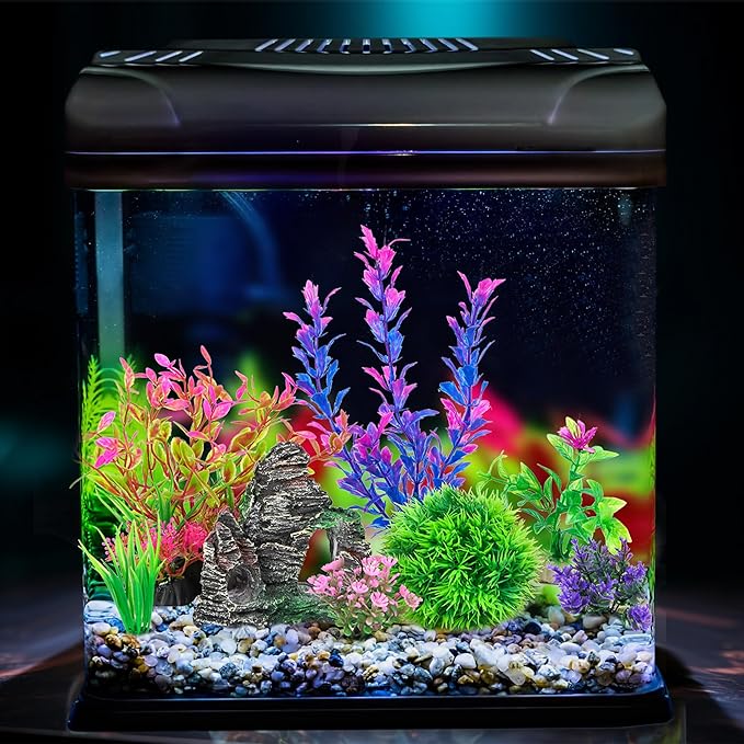Ameliade Aquarium Artificial Plastic Plants Decorations and Rock Cave Decor Set Goldfish Betta Fish Tank Accessories Small Large Fish Bowl Ornaments