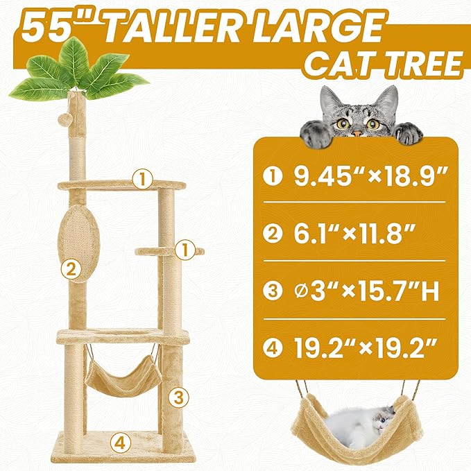 55 Inch Large Cat Tree Tower for Indoor Cats with Hammock Green Leaves Sisal Scratching Post, Plush Hang Ball Play Furniture for Kittens & Adult Cats, New Beige