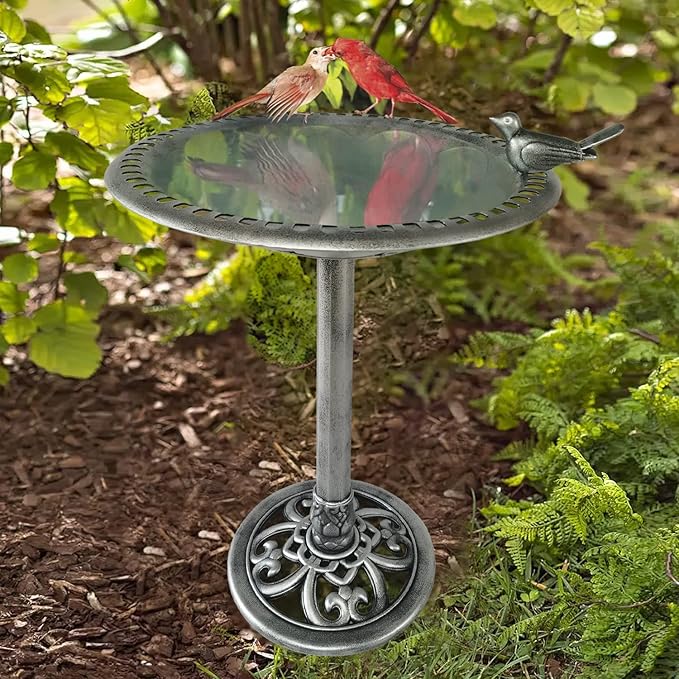 Outdoor Garden Bird Bath - Silver - Weather Resistant Polyresin - 30 Inch - Backyard Expressions