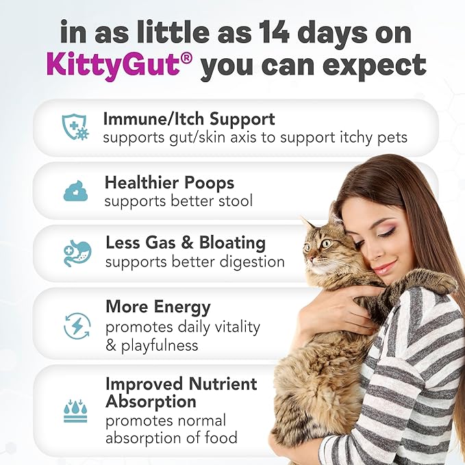 KittyGut 3-in-1 Organic Cat Probiotics & Postbiotic Supplement Powder- Made in USA-Probiotics for Cats Promote Gut Health and Cat Digestive Support, Diarrhea and Vomiting (60g)