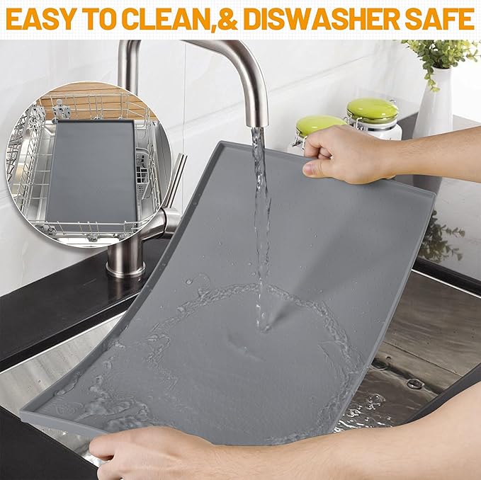 Hubulk Dog Feeding Mat,100% Waterproof Food Grade Silicone Pet Food and Water Bowl Placemat,Dishwasher, High Raised Edge to Prevent Spills,Nonslip Tray to Stop Messes on Floor (32"x24"x1.0", Grey)