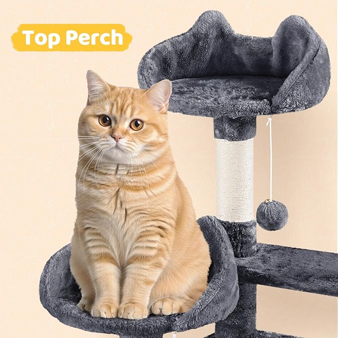 Yaheetech Cat Tree, 67in Large Tower w/ 3 Removable Teaser Sticks, 2 Kitten-Ear Shaped Perches, 2 Condos, Hammock, Scratching Post, Multi Level Pet House, Dark Gray