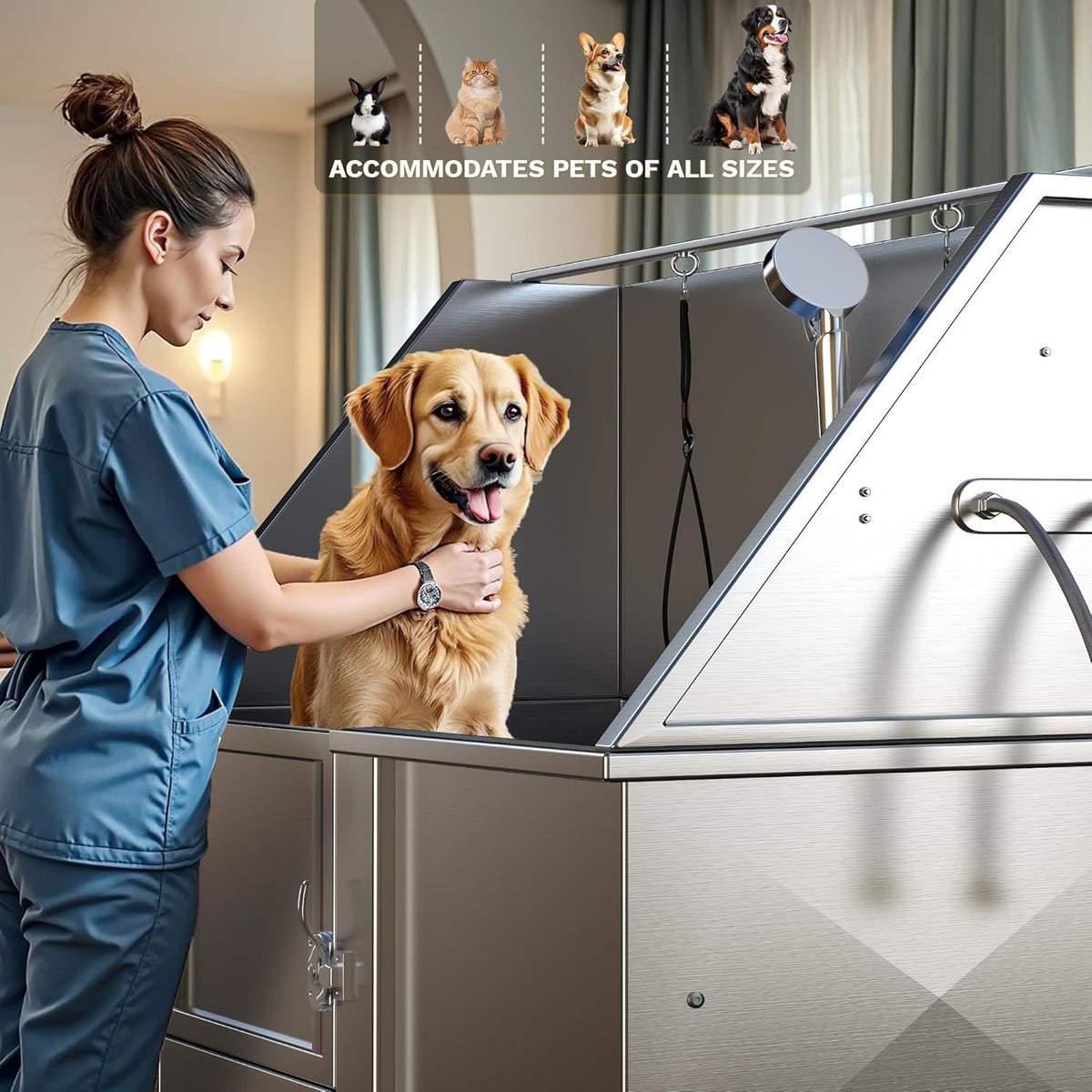 DWVO Professional Pet Dog Bathing Station for Grooming, 50'' Dog Grooming Bathtub with Left Ramp, Floor Grate, Faucet, Showerhead & Soap Holder for Large, Medium & Small Pets