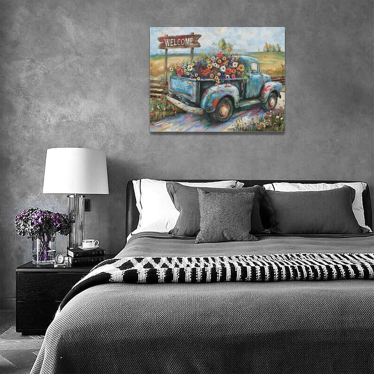 Farmhouse Truck Wall Art Rustic Country Wildflowers Wall Decor Road Flowers Landscape Pictures Canvas Print Painting Artwork for Bathroom Living Room Bedroom 12"x16"