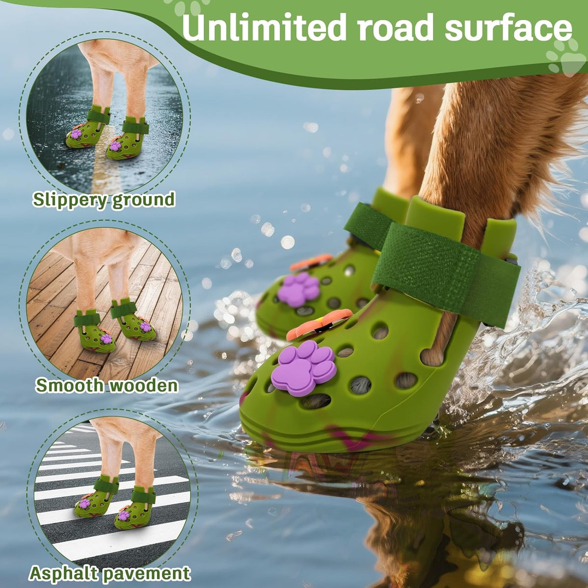 Dog Shoes for Hot Pavement, Adjustable Magic Tape Boots for Small, Medium & Large Dogs, Anti-Slip, Easy to Clean Paw Protectors for Beach, Outdoor & Hot Weather (Green S)
