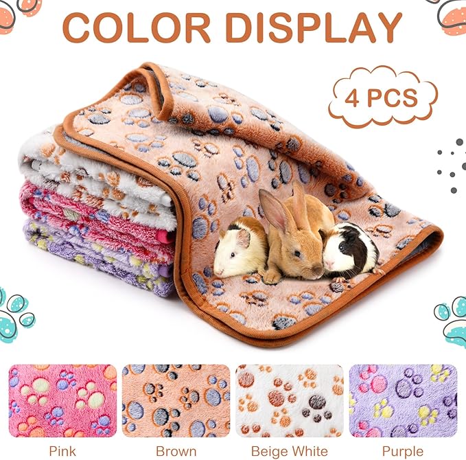 Reginary 4 Pcs Waterproof Guinea Pig Blankets Washable Small Animal Fleece Bedding Absorbent Guinea Pig Cage Liners Reusable Pet Pee Pad Sleep Mat for Hamster Ferret(Paw Print,12 x 12 Inch)