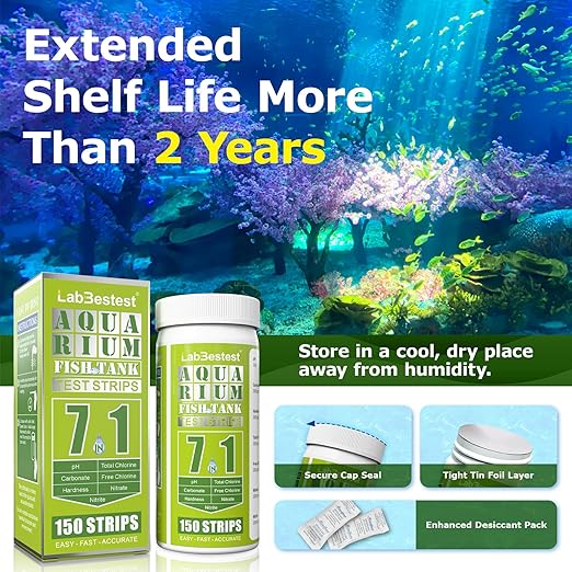 Aquarium Test Strips - Aquarium Water Test Kit - 150 Fish Tank Testing Strips for Freshwater - Pond Water Tester Kits - Rapid Accurate Easy to Test pH, Carbonate, Hardness, and More (7-Way)