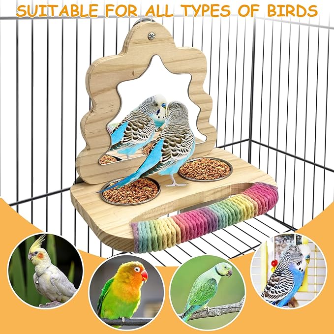 Tfwadmx Bird Parrot Wooden Feeding Cups Small Bird Feeding Dish Cups Stainless Steel Birds Bowls Food Water Bowls with Food Holder for Cockatiel Lovebirds Parakeet Macaw Finches
