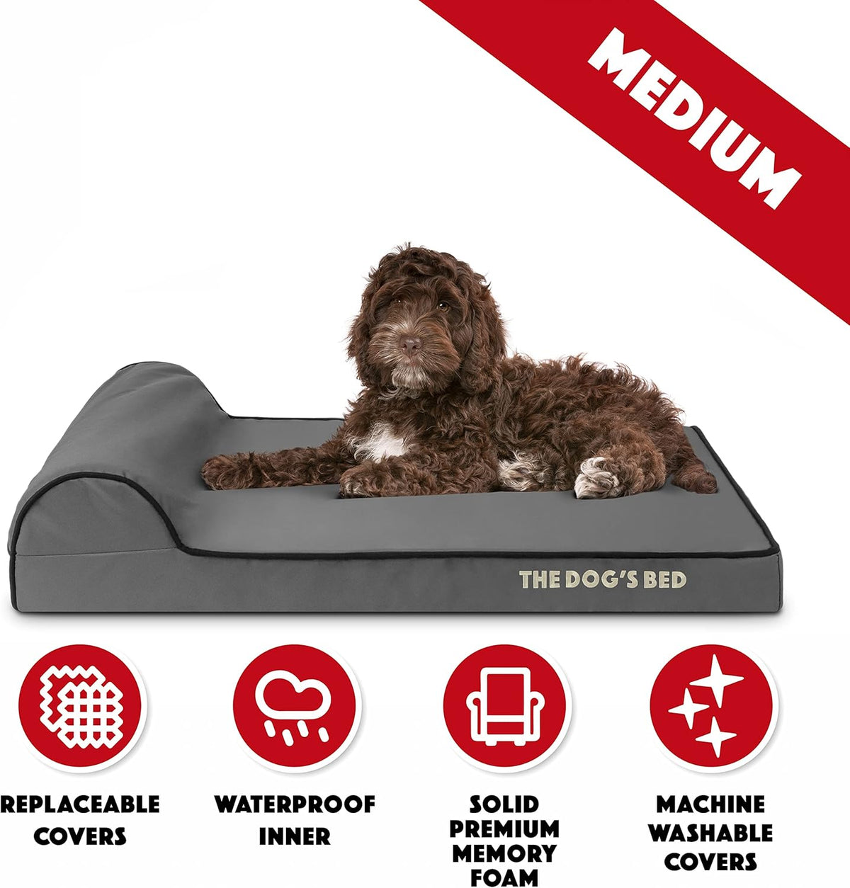 The Dog’s Bed Orthopedic Headrest Dog Bed Med Grey/Black 34x22, Memory Foam, Pain Relief: Arthritis, Hip & Elbow Dysplasia, Post Surgery, Lameness, Veterinary Approved, Waterproof Washable Cover