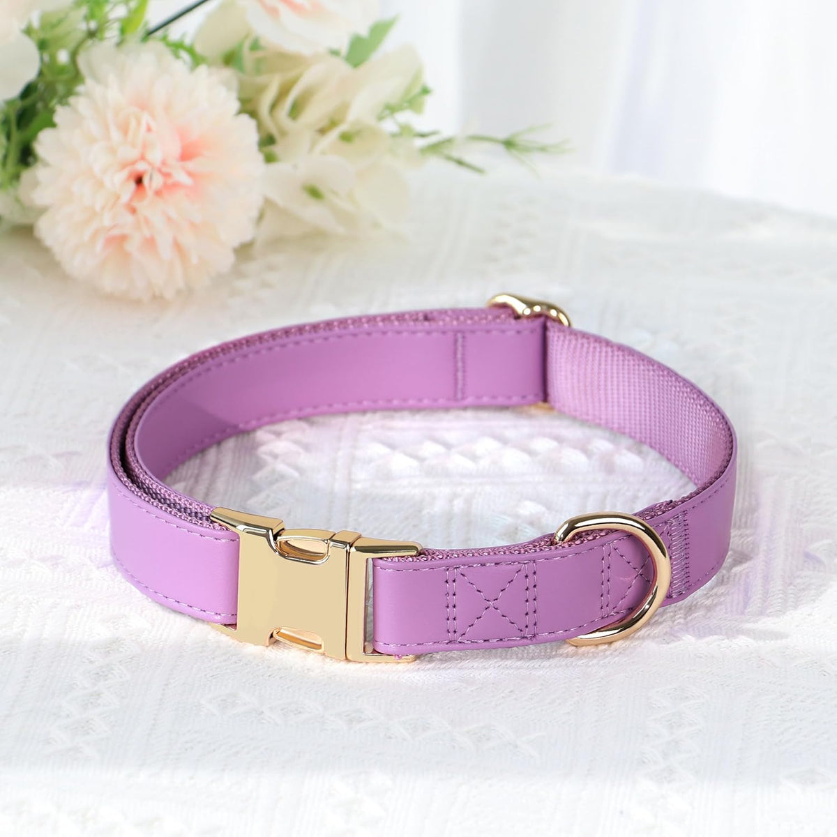 PET ARTIST PU Leather Dog Collar, Bright & Stylish Purple Dog Collar Girl with Quick Release Gold Metal Buckle, Soft Nylon Padded Durable Pet Collars Adjustable for Medium Dogs, Neck Fit 13-19"