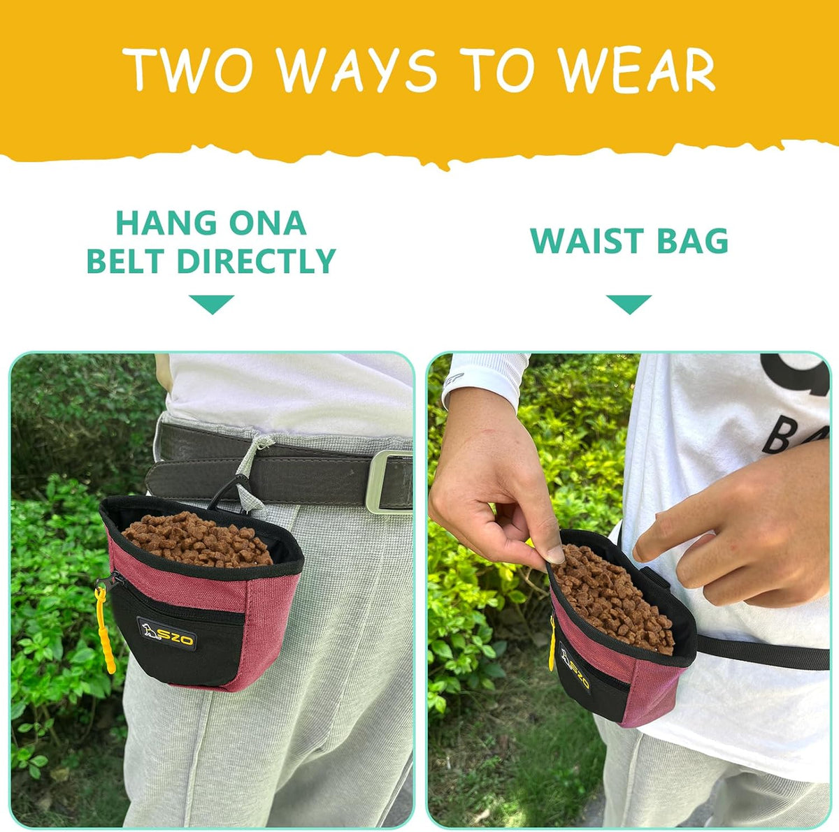 SZO Dog Treat Pouch with Pet Training Clicker, Dog Training Treat Pouch with Waist Belt Clip, Magnetic Closure, Hands-Free Training - Black&Red