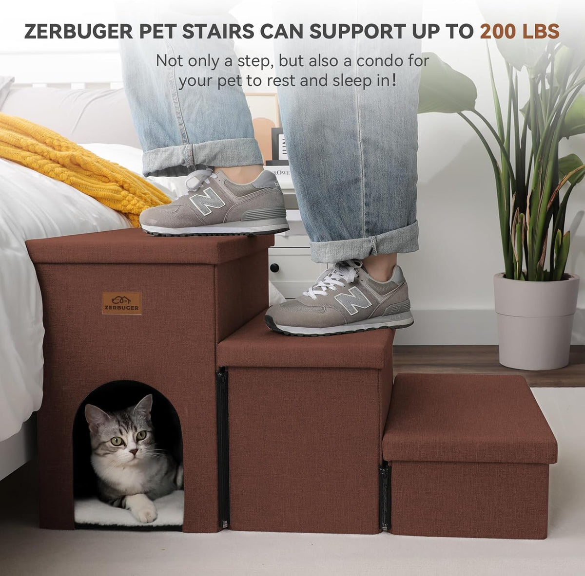 Dog Stairs with Condo 18" H, 3-Step Wider Dog Steps for High Beds Couch, Folding Storage Pet Stairs Gift for Small/Medium/Large Old Dogs Cats, Ramp for Climbing Car Up to 200 lbs, Brown