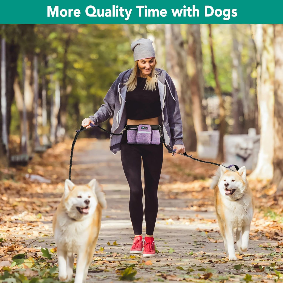 PetAmi Premium Hands Free Dog Leash for 2 Dogs, Adjustable Waist Belt Leash for Dog Walking, Fanny Pack Accessories Bag Dual Bungee Leash for Running, Hiking, Jogging, Biking, Purple