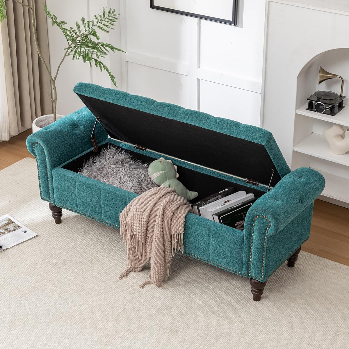 58’’ Storage Bench for Bedroom, Upholstered Button-Tufted Ottoman with Solid Wood Legs, Queen Size End of Bed Shoe Cabinet, Window Seat Foot Rest Stool for Entryway, Living Room (Teal)