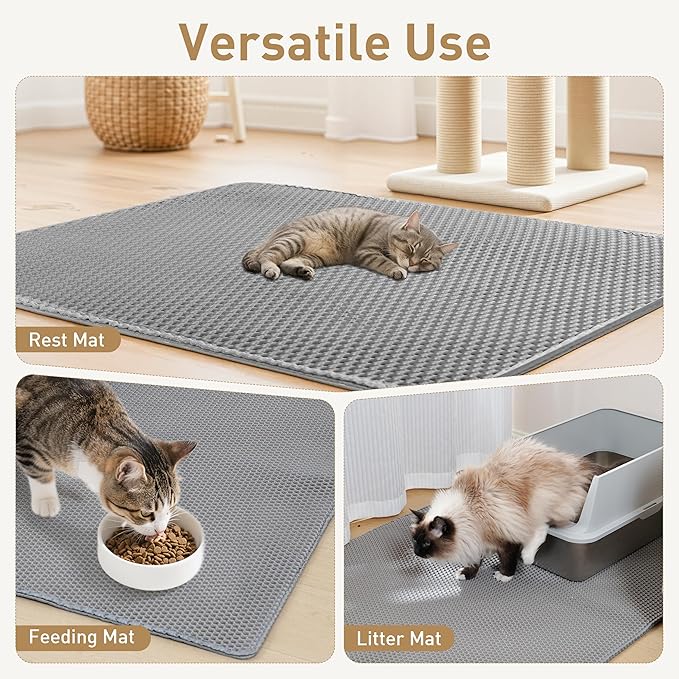 Large Cat Litter Mat for Litter Box, 47"×27.5" Double Layer Trapping Mat, Non-Slip Water Proof Kitty Litter Pad, Grey