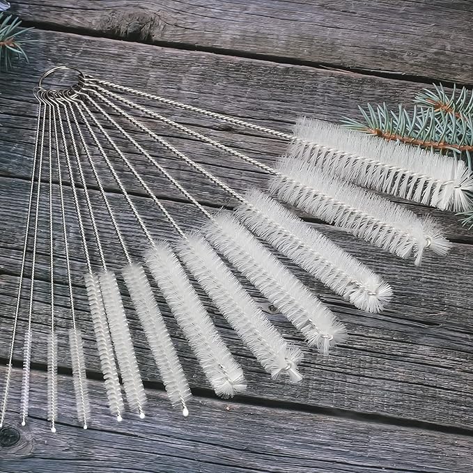 CiaraQ Bottle Cleaning Brushes, 8 Inch Nylon Tube Brush Set, Cleaner for Narrow Neck Bottles Cups with Hook, Set of 13pcs, White