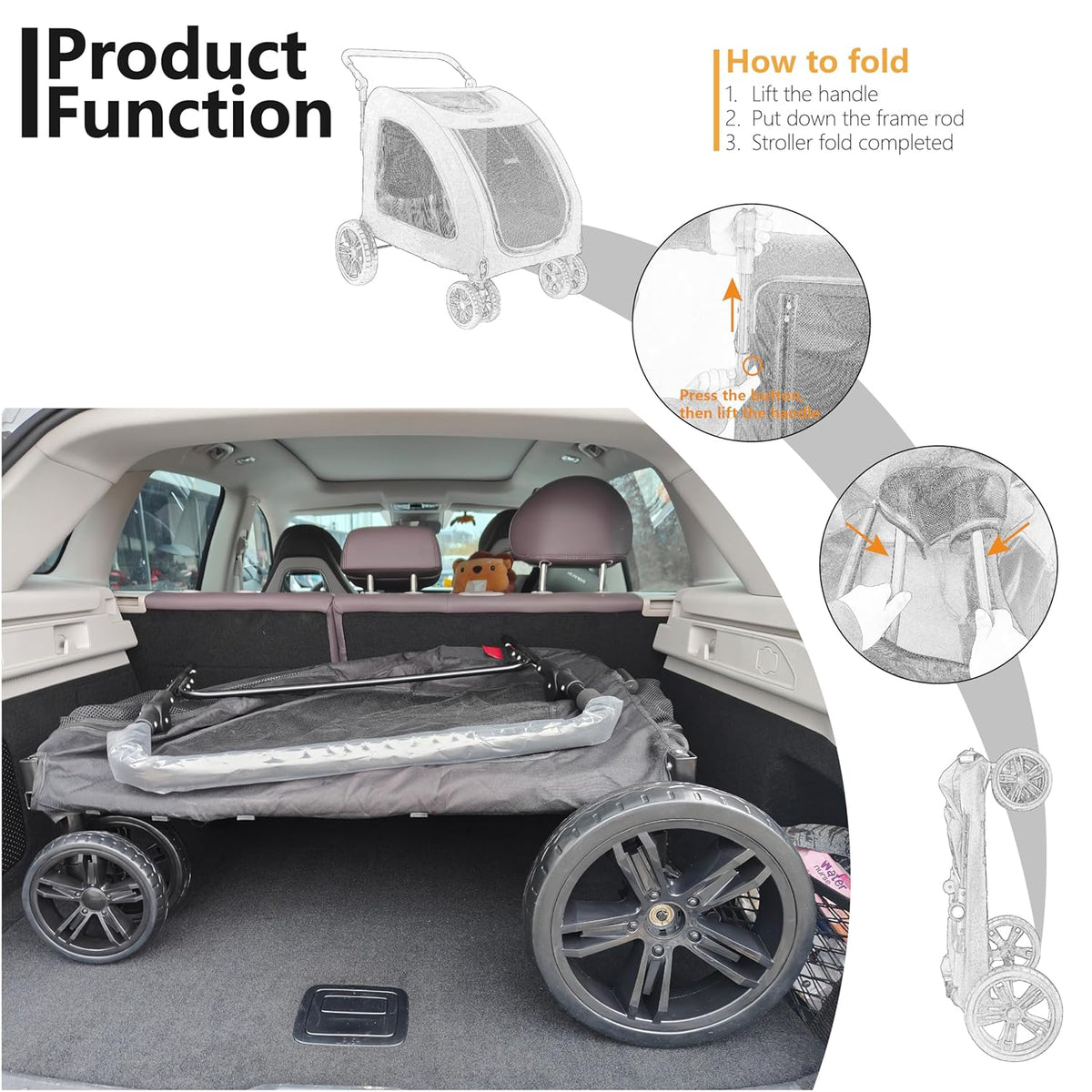 Extra Large Dog Stroller for Medium & Large Pets - Foldable Design, Adjustable Handle, Up to 130 lbs(Black)