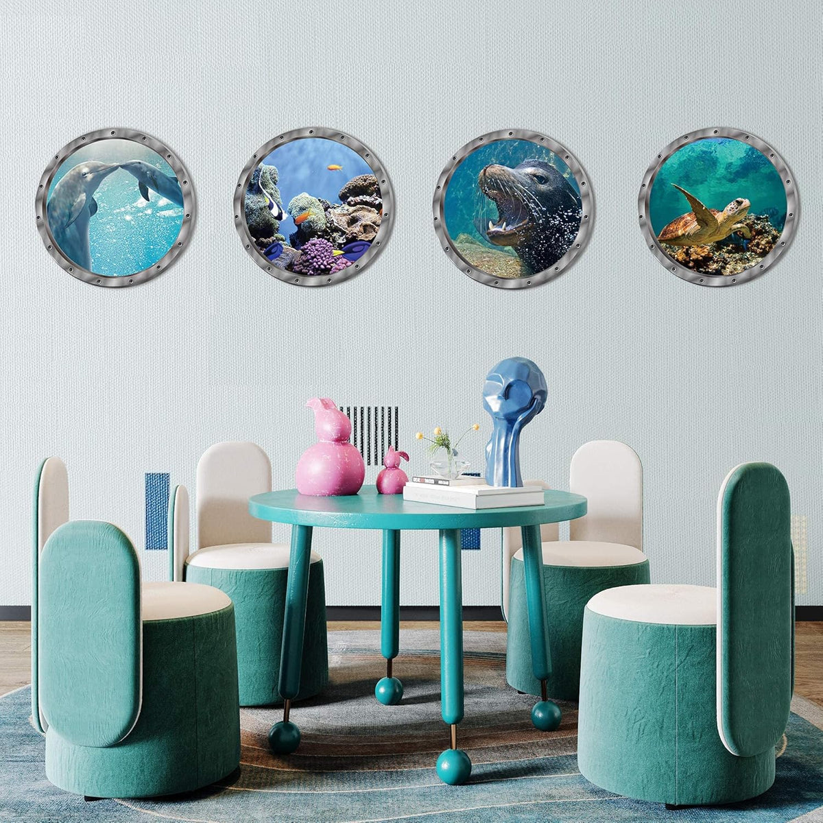 4 PCS Removable 3D Under The Sea Nature Scenery Wall Decals - Animals Wall Sticker Home Wall Art Decor for Bathroom Bedroom Door Kids Baby Nursery Room - Includes Turtles, Dolphins, Sea Lions, Coral