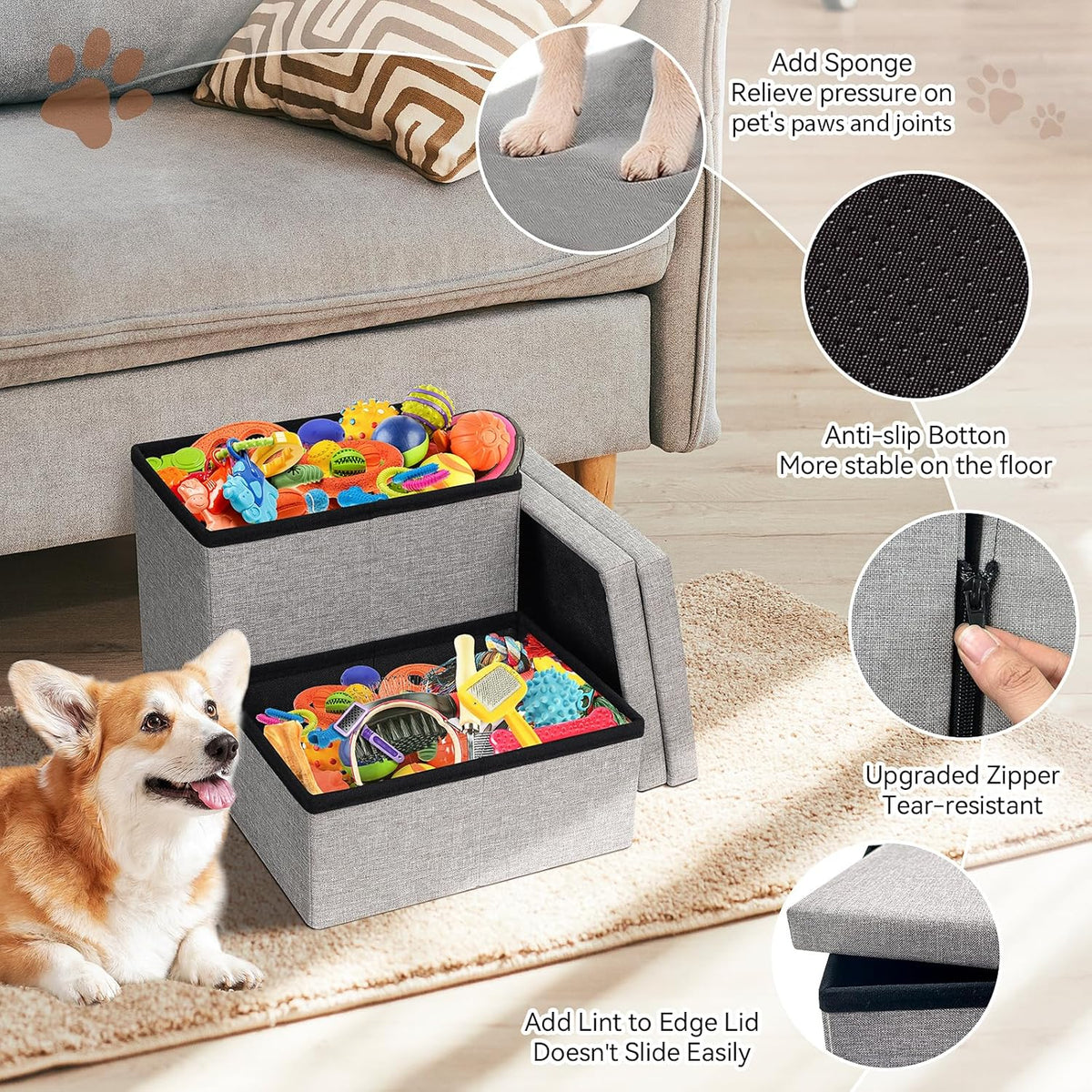 Dog Stairs with Storage 12" H, 2-Step Wider Dog Steps for Dogs Cats, Folding Sturdy Pet Stairs Climbing Sofa Couch, Ramp for Car Hold Up to 150 lbs (Gray, No Condo)
