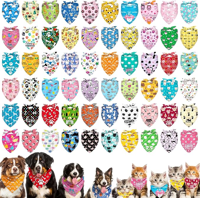 Dog Bandanas Bulk, Adjustable Cat Outfit, Pet Bibs Colorful Triangle Scarf Pet Bandanas for Medium Large Dogs Birthday Costume Decoration (60PCS_Classic)
