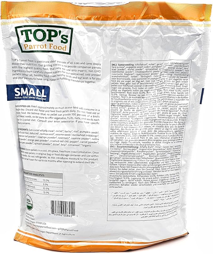 TOP's Parrot Food Bird Pellets for Small Hookbills - Non-GMO, Peanut Soy & Corn Free, USDA Organic Certified (4lbs)