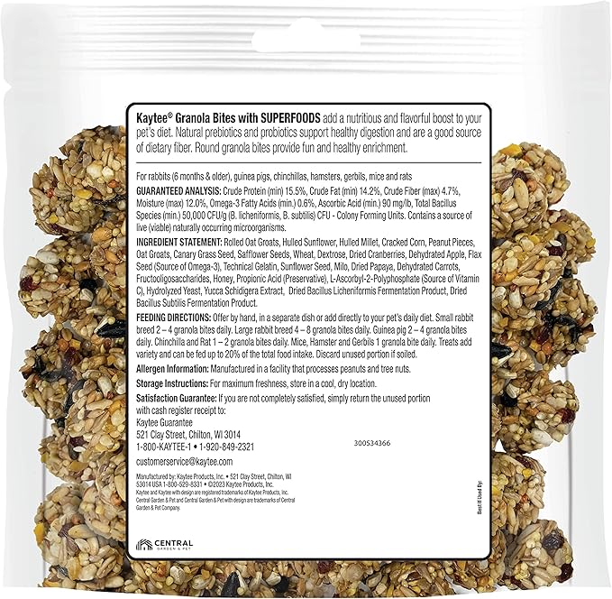 Kaytee Granola Bites with Superfoods Cranberry, Apple and Flax for Rats, Mice, Hamsters, Gerbils, Rabbits, Guinea Pigs and Chinchillas, 4.5 oz (Pack of 2)