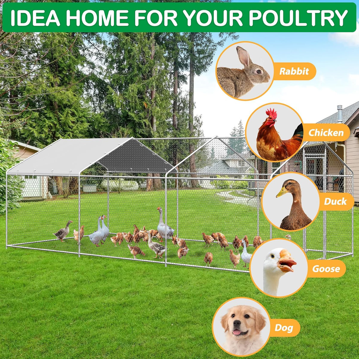 Large Metal Chicken Coop, Walk-in Chicken Run Pen with Waterproof Cover, Spire Roof Poultry Cage for Outdoor, Backyard, Farm