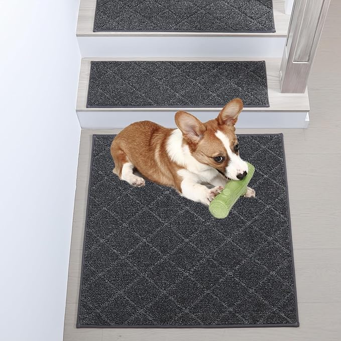 COSY HOMEER Edging Stair Treads Non-Slip Corner Indoor Stair Runners for Wooden Steps,Landing Slip Resistant Stair Rugs Mat for Kids and Dogs,100% Polyester TPE Backing,Black,30x30 inch
