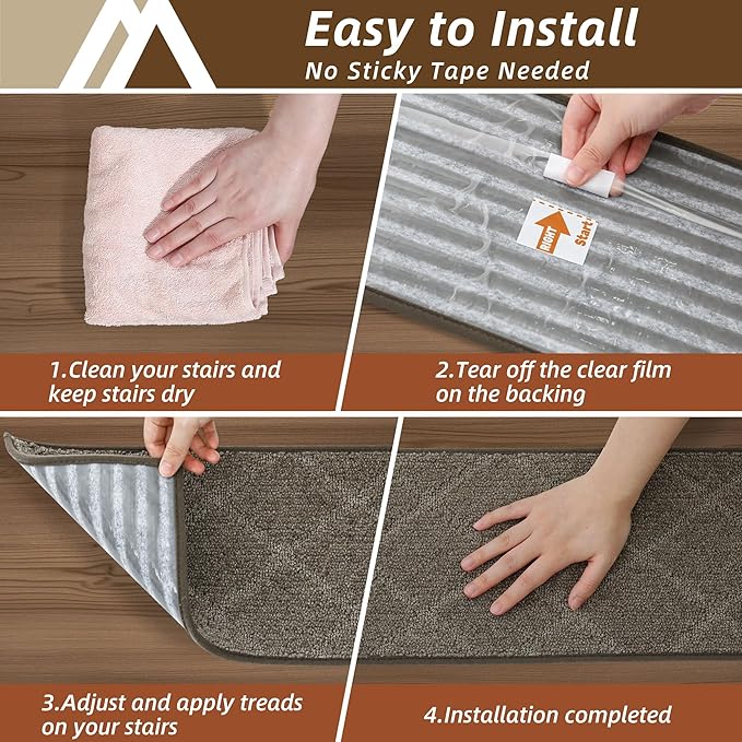 COSY HOMEER Stair Treads for Wooden Steps 9"x28" Washable Indoor Carpet Stair Treads Non Slip Soft Polyester Stair Carpet Tread Reusable Stair Runner Rugs for Kids, Elders,Pets,Light Brown,7pcs