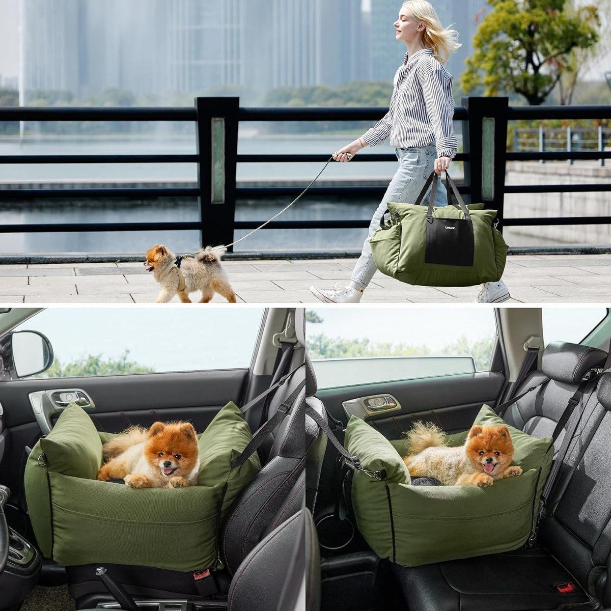 Lesure Small Dog Car Seat for Small Dogs - Waterproof Dog Booster Seat for Car with Storage Pockets and Clip-On Safety Leash and Thickened Memory Foam Filling, Pet Travel Carrier Bed Cypress Green