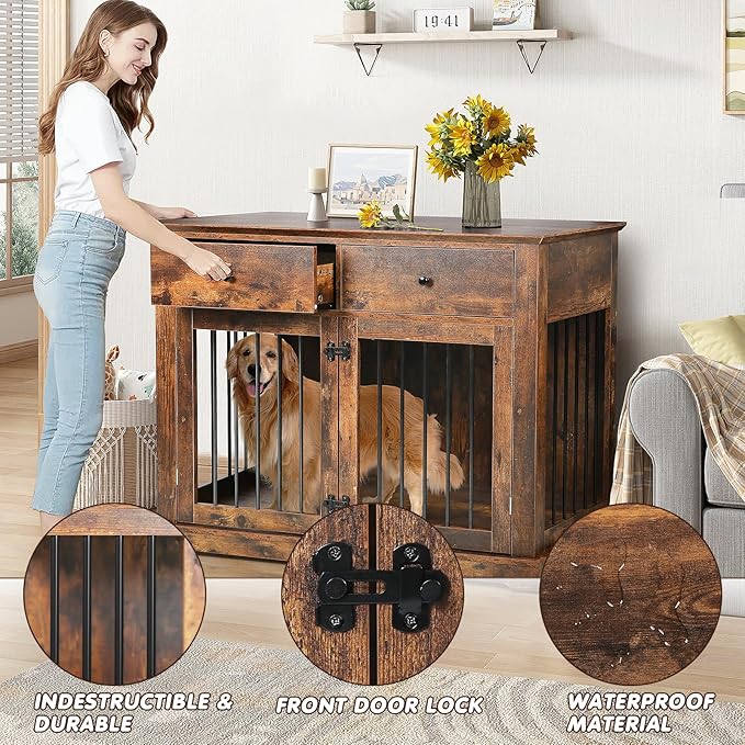 PUKAMI 44inch Dog Crate Furniture with Drawers,Wooden Dog Kennel Furniture for Large Breed,End Table Wood Dog House for Indoor use, for Small/Medium/Large Dog (Brown)